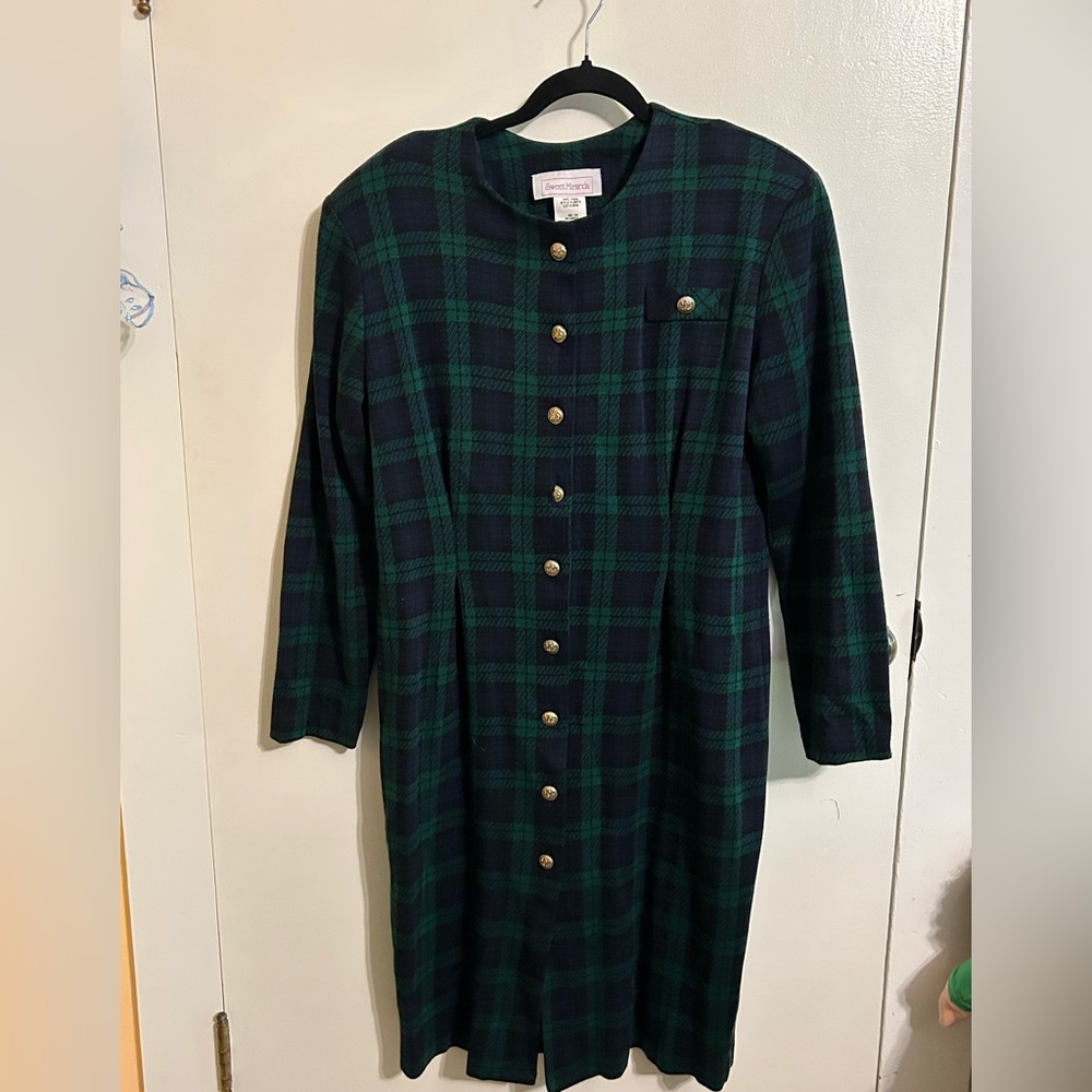 Sweet Miranda Navy and Green Plaid Button-Front Midi Dress